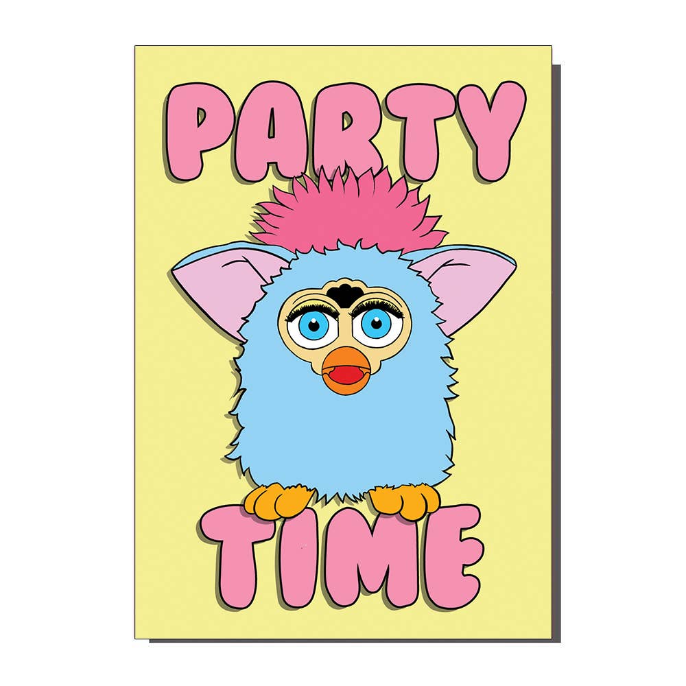 Party Time Cute Furby 1990s Inspired Greetings Card