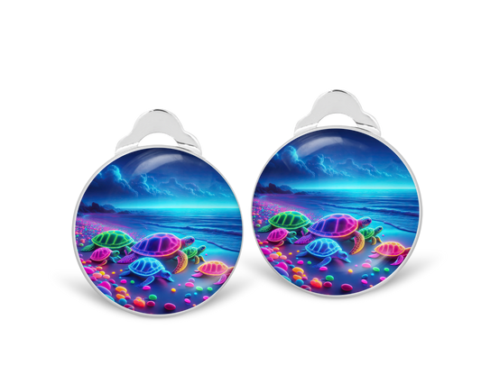 Neon Turtle Family Clip on Earrings