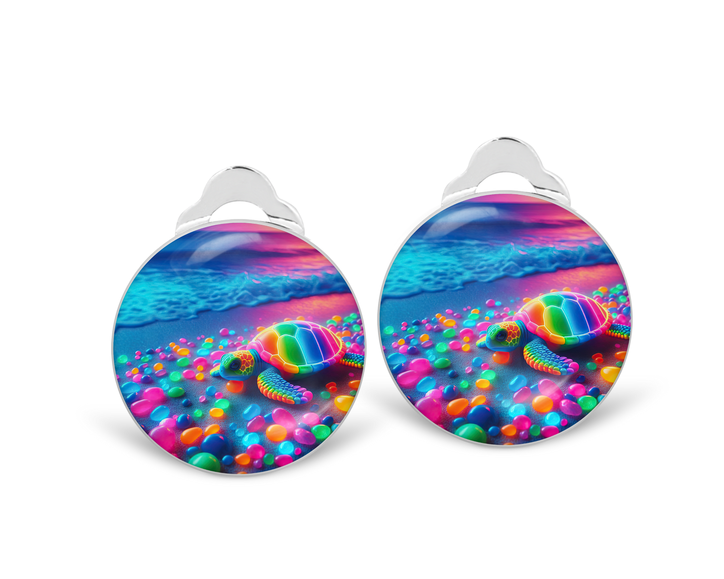 Neon Turtle Clip on Earrings