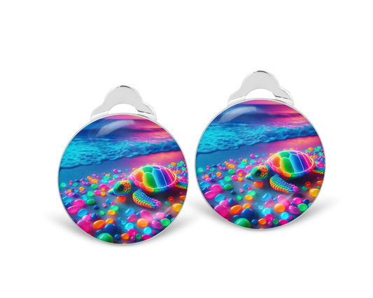 Neon Turtle Clip on Earrings