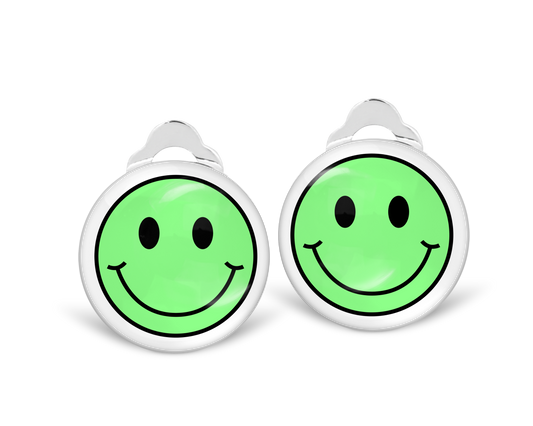 Green Smiley Clip on Earrings