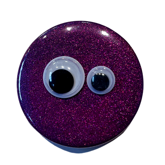 Purple Glittery Googly Eye Button Pin Badge