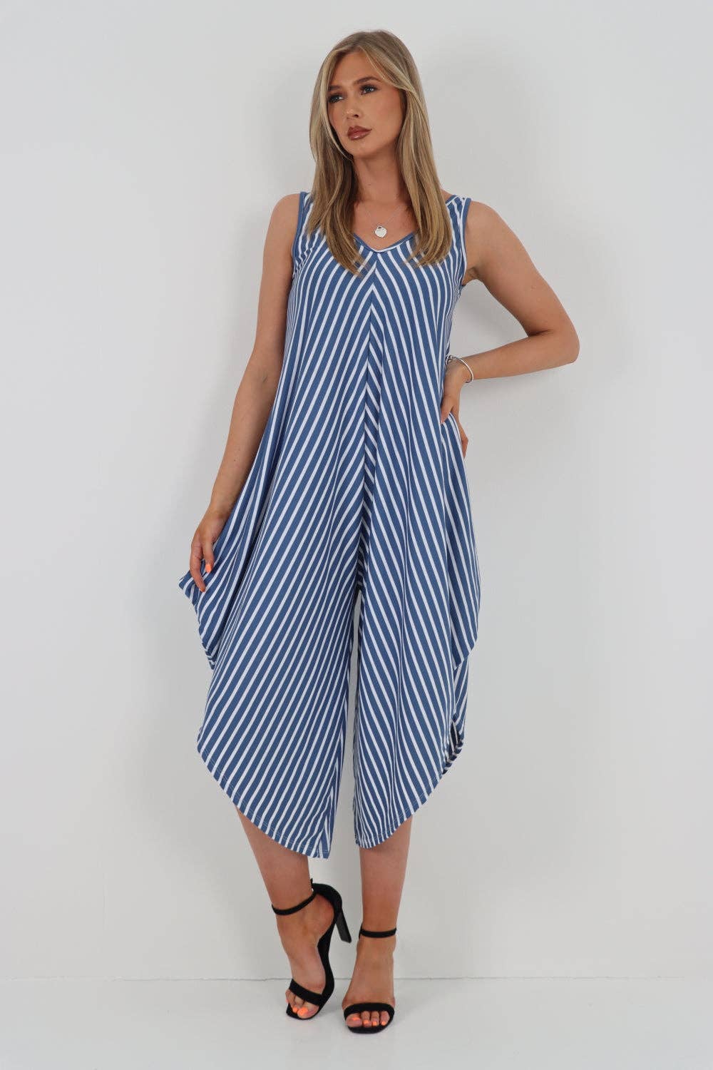 Denim Italian Stripe Pattern Jumpsuit