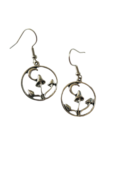 Silver Toadstool & Moon Earrings